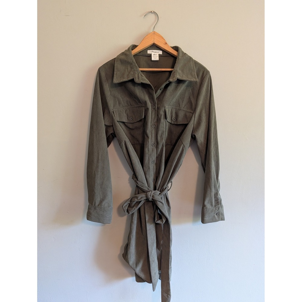 Passport Womens Olive Green Corduroy Button Front Shirt Dress Belted Size XL‎